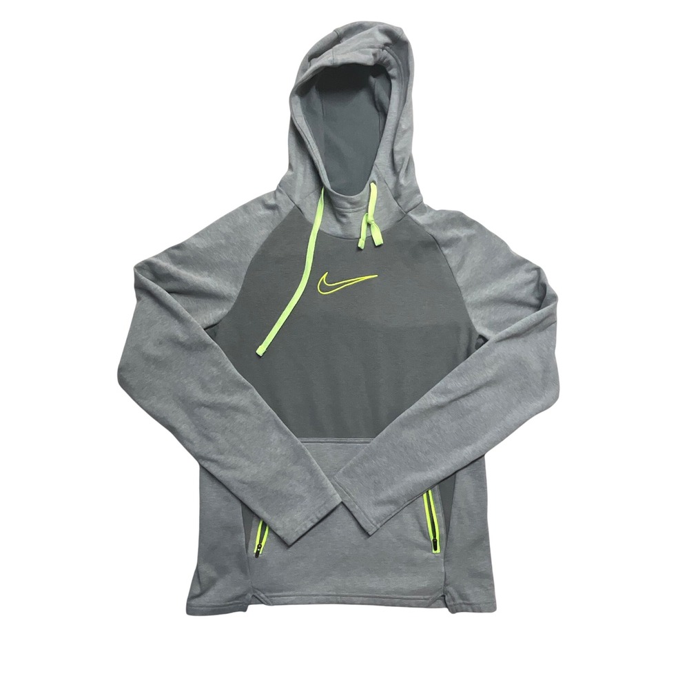 Nike Therma-FIT Hoodie Mens Small Grey Neon Lime Zipper Pullover Sweatshirt
